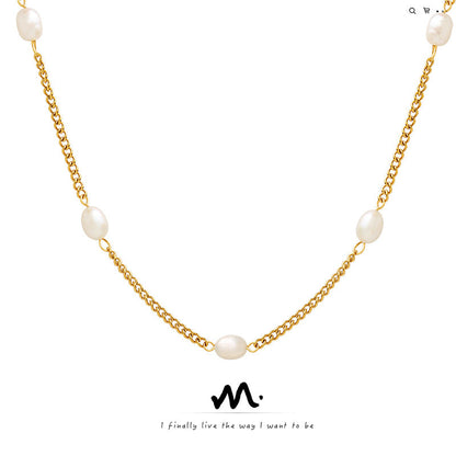 Flat Chain Personality Freshwater Pearl Stitching Titanium Necklaces