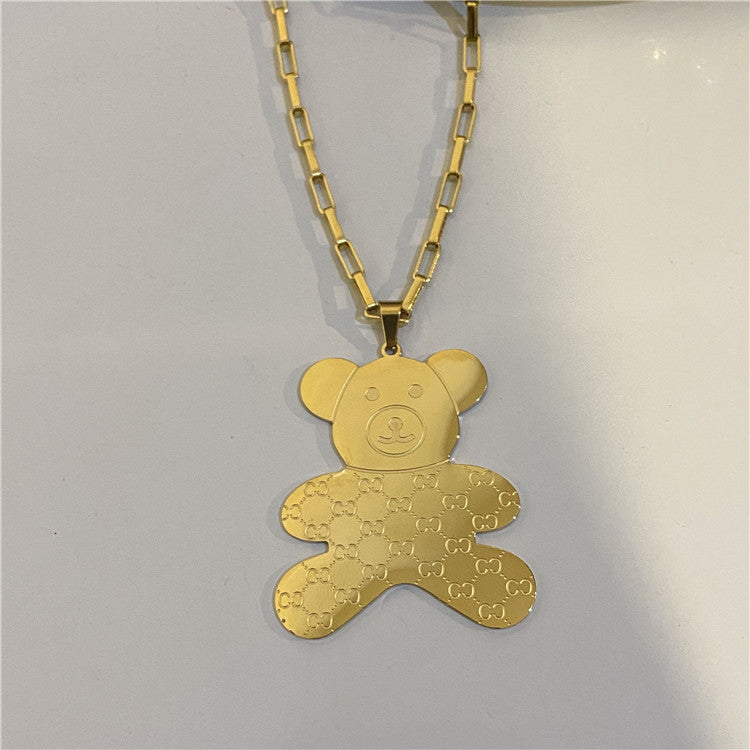 Steel Colorfast Bear Long Sweater Chain Necklaces