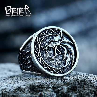 Men's Nordic Viking Celtic Knot Wolf Head Rings