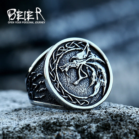 Men's Nordic Viking Celtic Knot Wolf Head Rings