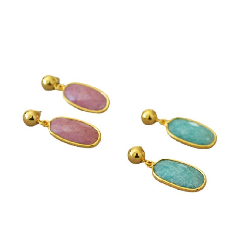 Oval Carved Real Stone Natural Simple Temperament Earrings