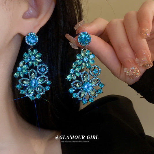 Blue Diamond Flower Exaggerated Design Vintage Earrings