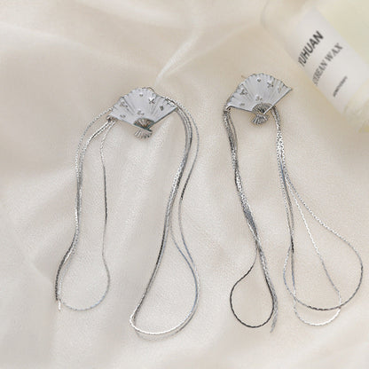 Chinese Style Antique Fan Long Fringe Earrings