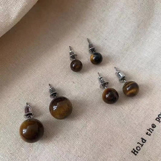 Women's Retro Minority Natural Tigereye Ball Light Earrings