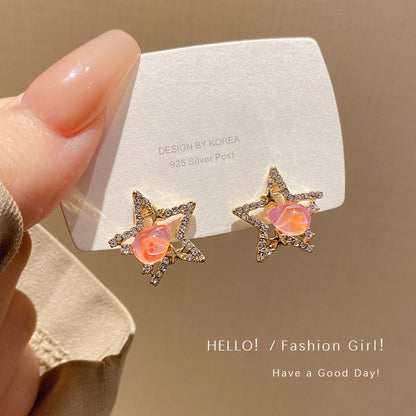 Needle Simple Pentagram Design Pink Zircon Earrings