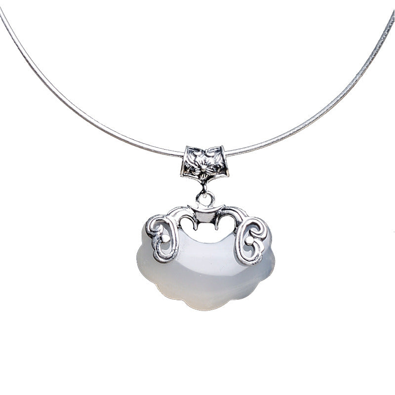Retro Longevity Lock Pendant Ethnic Style Chalcedony Opal Necklaces