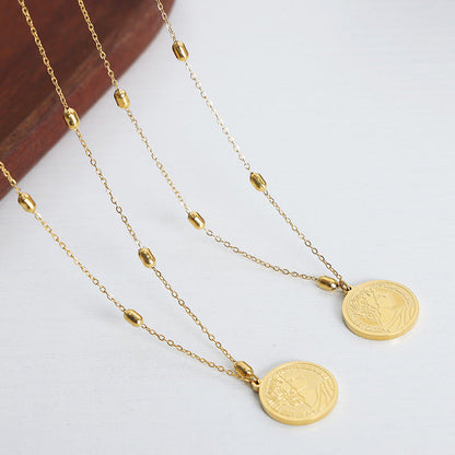 Titanium Steel Gold-plated Cartoon Character Round Pendant Sweater Necklaces