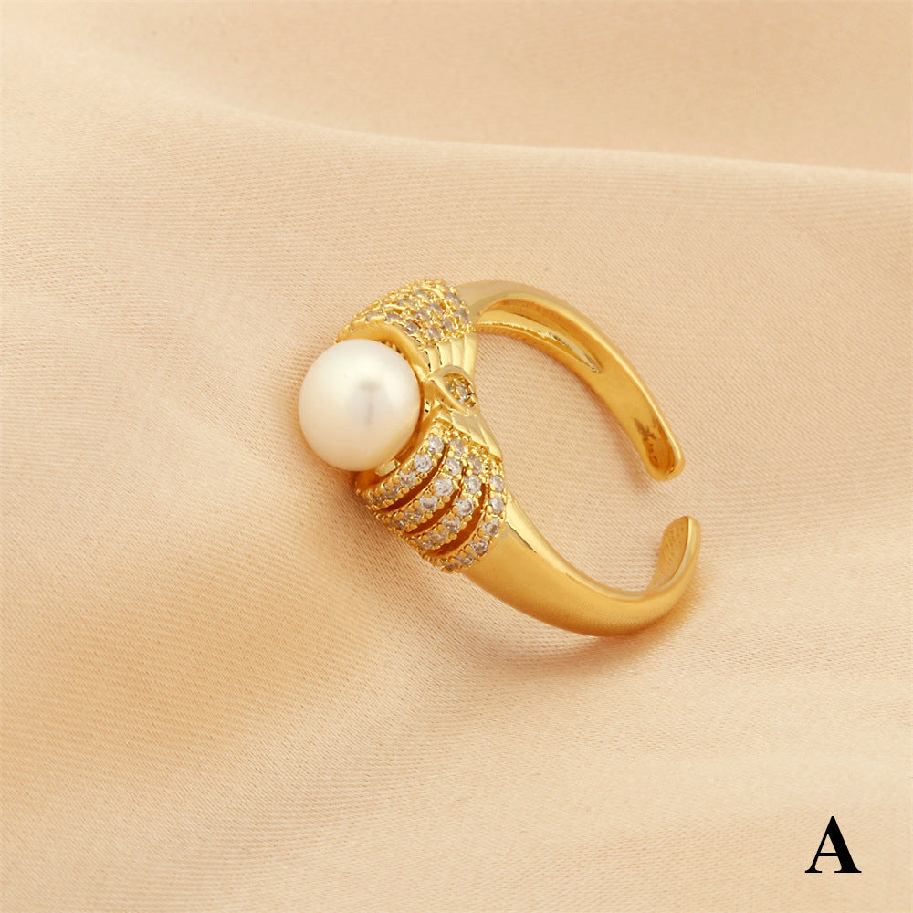 Simple Temperament Micro Inlaid Zircon Pearl Female Rings