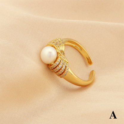 Simple Temperament Micro Inlaid Zircon Pearl Female Rings