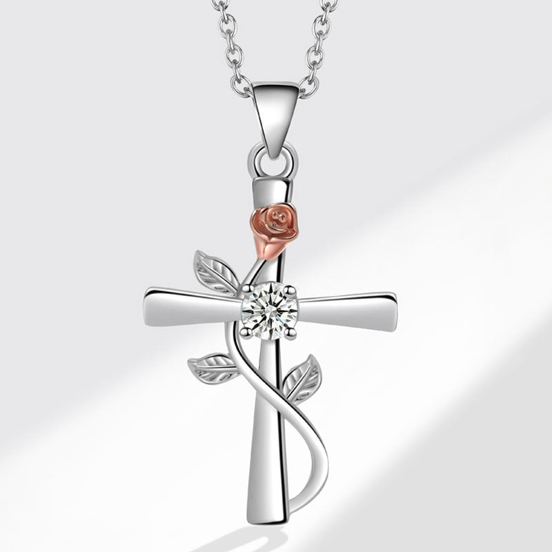 Fashion Cross Rose Inlaid With Diamond Necklaces