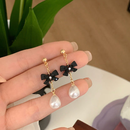 Women's Elegant French Style Black Bow Water Drop Pearl Lady Earrings