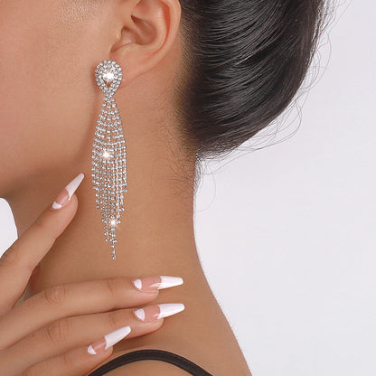 High-key Dignified Tassel Rhinestone Drop-shaped Diamond Earrings