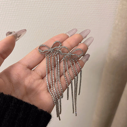 Women's Rhinestone Tassel Bow Long Fairy Temperamental Earrings