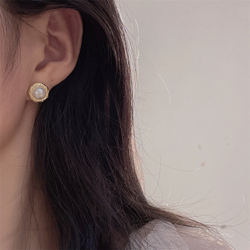 Women's Sier Needle Round Pearl For Temperament Wild Niche Earrings
