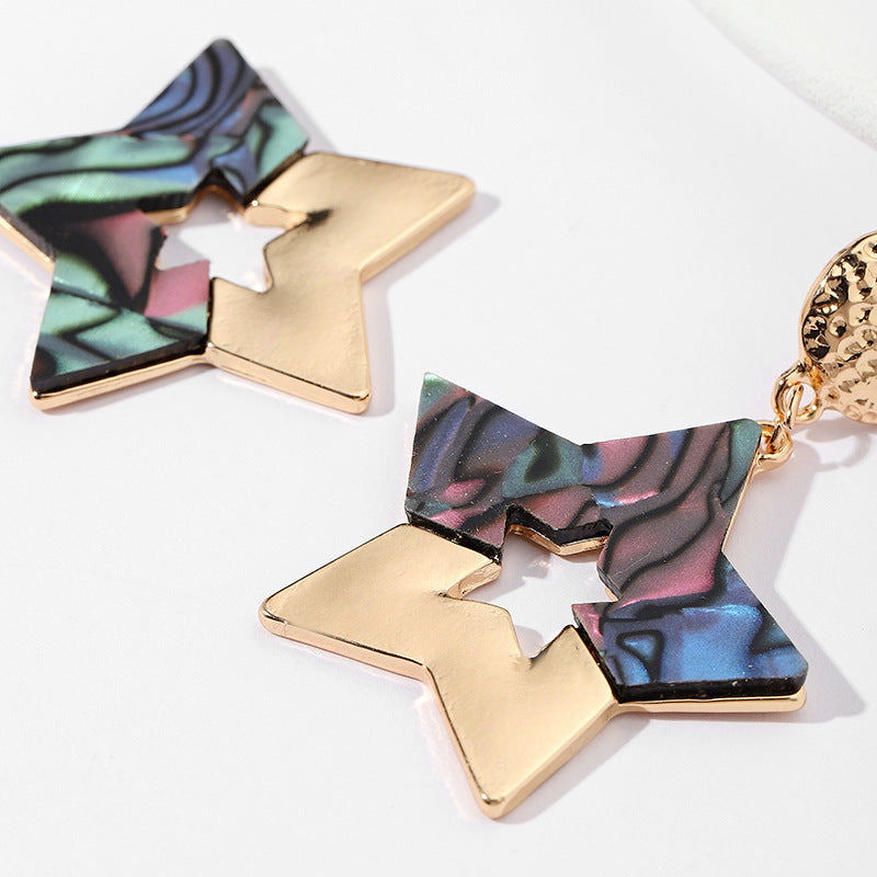 Daily Colorful Five-pointed Star Hollow Out Stitching Pendant Earrings