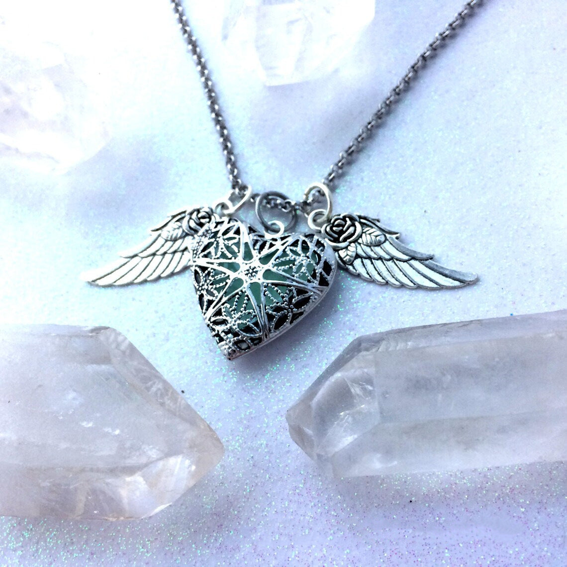 Heart-shaped Luminous Lock With Rose Wings Necklaces