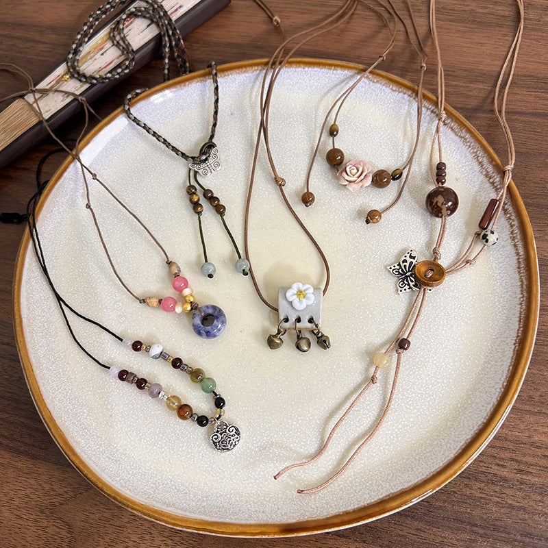 Style Pendant Antique Cord Butterfly Flower Longevity Lock Necklaces