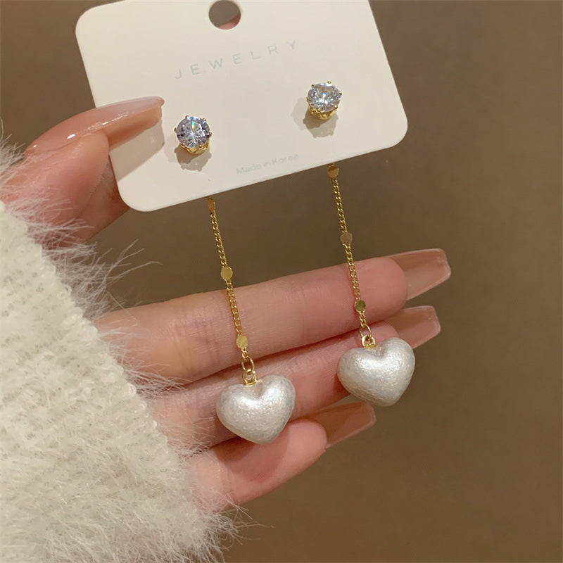 Needle Double-sided Three-dimensional Peach Heart Pearl Long Fringe Rings