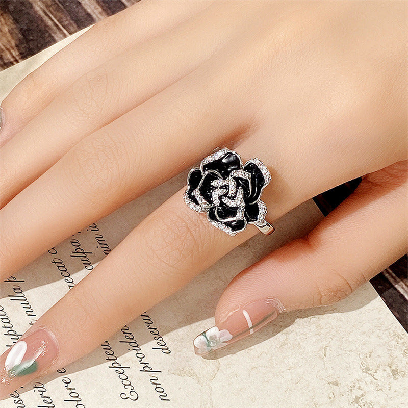 Women's Elegant Retro Enamel Zircon Unique Black Rose Flower Rings