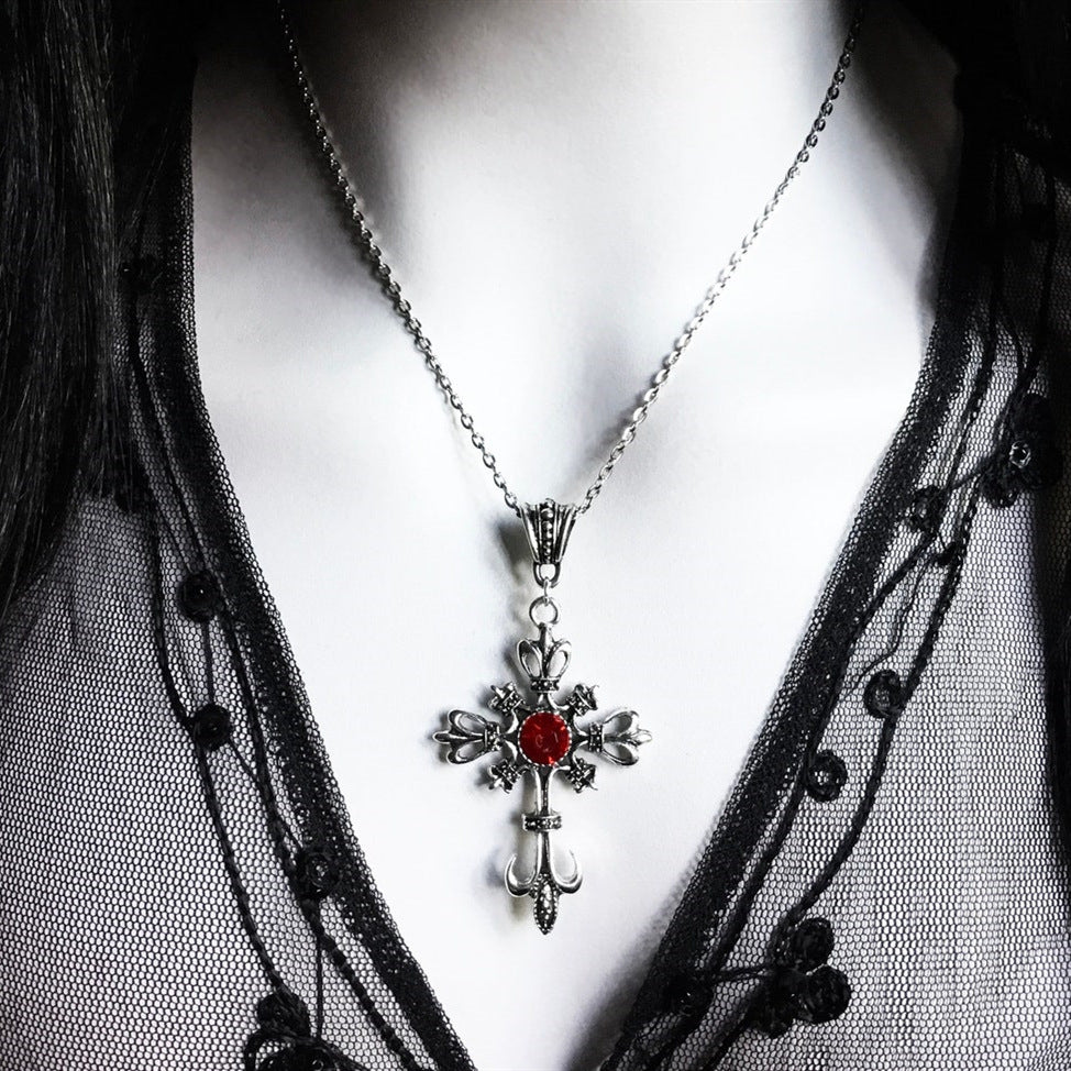 Vintage Ruby Cross Gothic Dark Stylish Necklaces