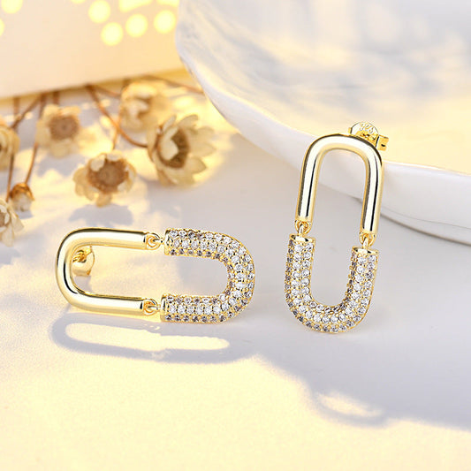 Gold Plated Double U-shaped Full Diamond Female Earrings