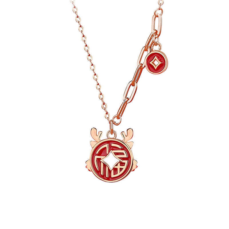 Women's Sier Gold Coin Dragon Copper Lucky Pendant Zodiac Clavicle Necklaces