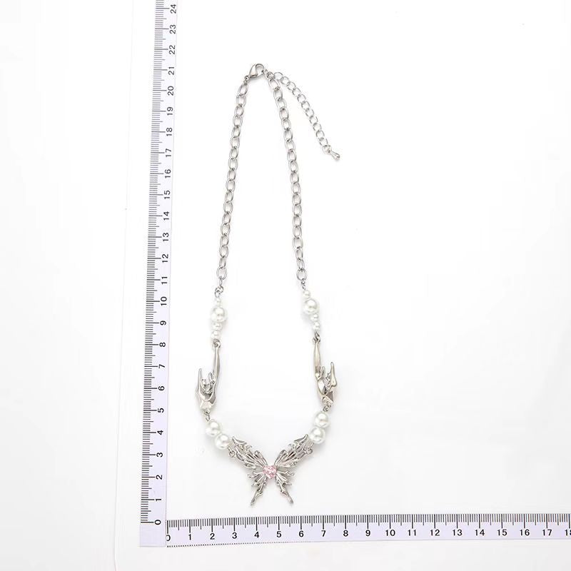 French Style Ethereal Design Butterfly Wings Pearl Clavicle Chain Necklaces