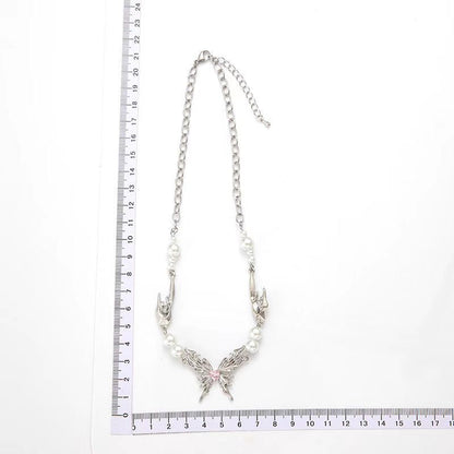 French Style Ethereal Design Butterfly Wings Pearl Clavicle Chain Necklaces