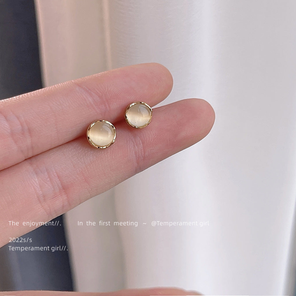 Sier Needle Plated Round Glass Opal Stone Ear Earrings