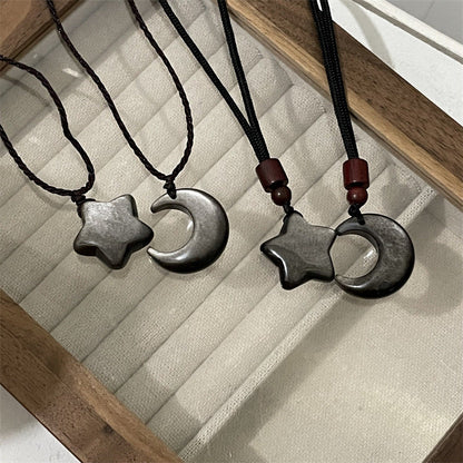 Couple Dark Sier Diamond Star Moon Braid Necklaces