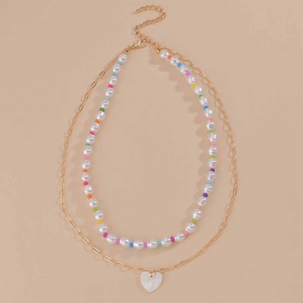 Women's Pearl Mixed Color Bead Love Pendant Double Layer Necklaces