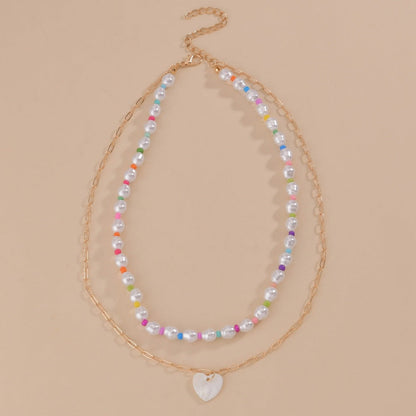 Women's Pearl Mixed Color Bead Love Pendant Double Layer Necklaces