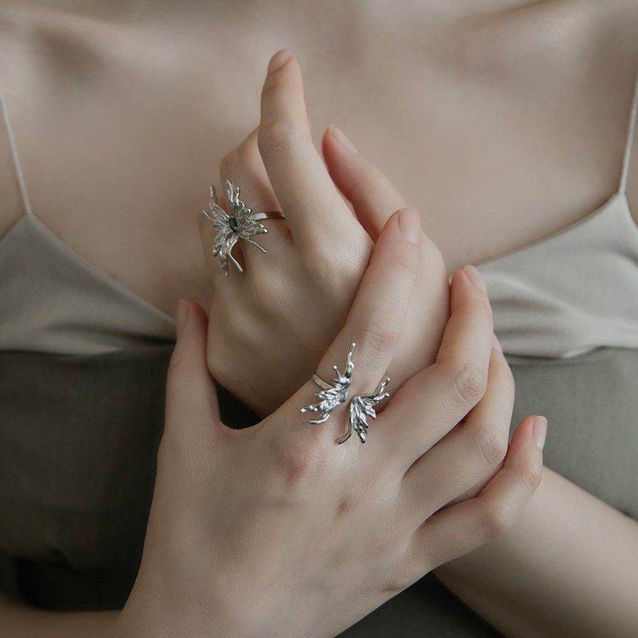 Women's Sier Personality Butterfly Retro Fashion Micro Inlaid Zircon Open Rings