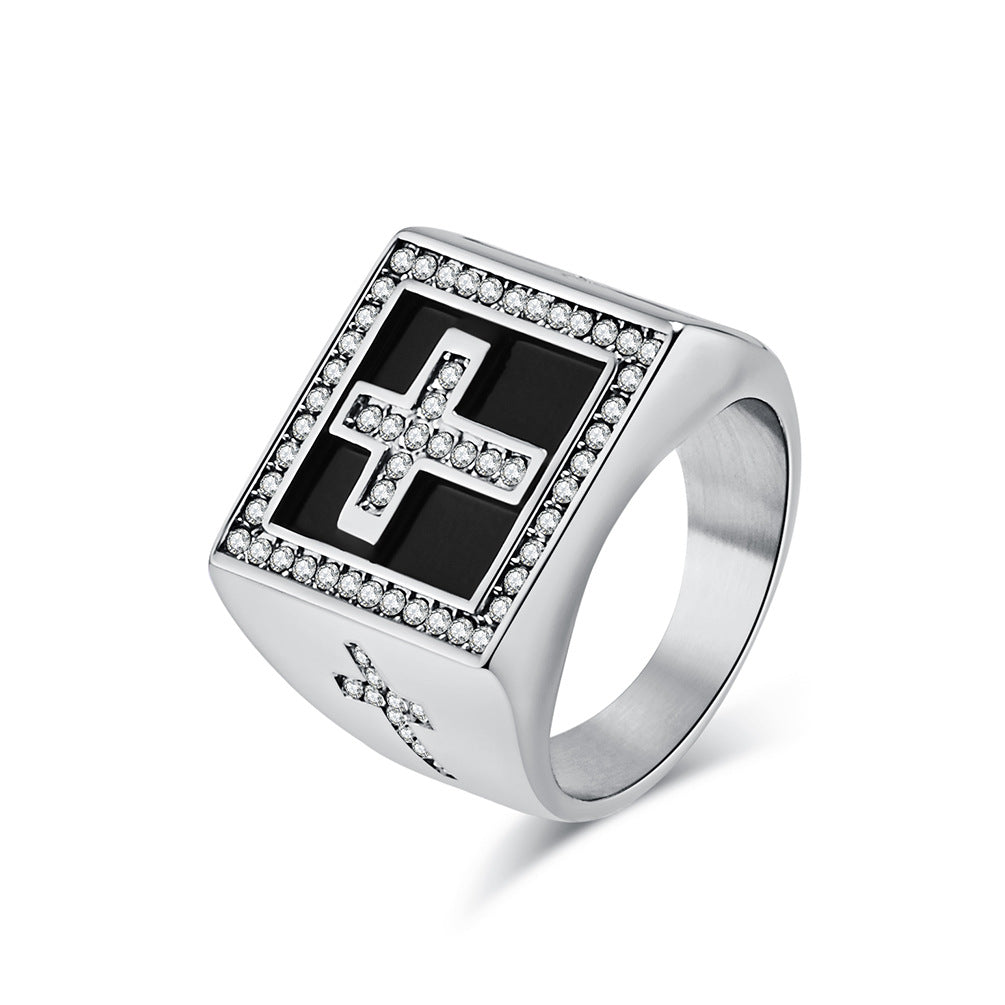 Men's Diamond Cross Titanium Steel Square Thumb Rings
