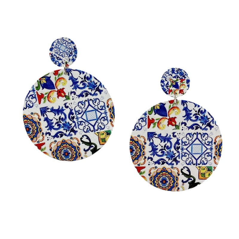 Italian Church Ceramic Pattern Large Wooden Earrings