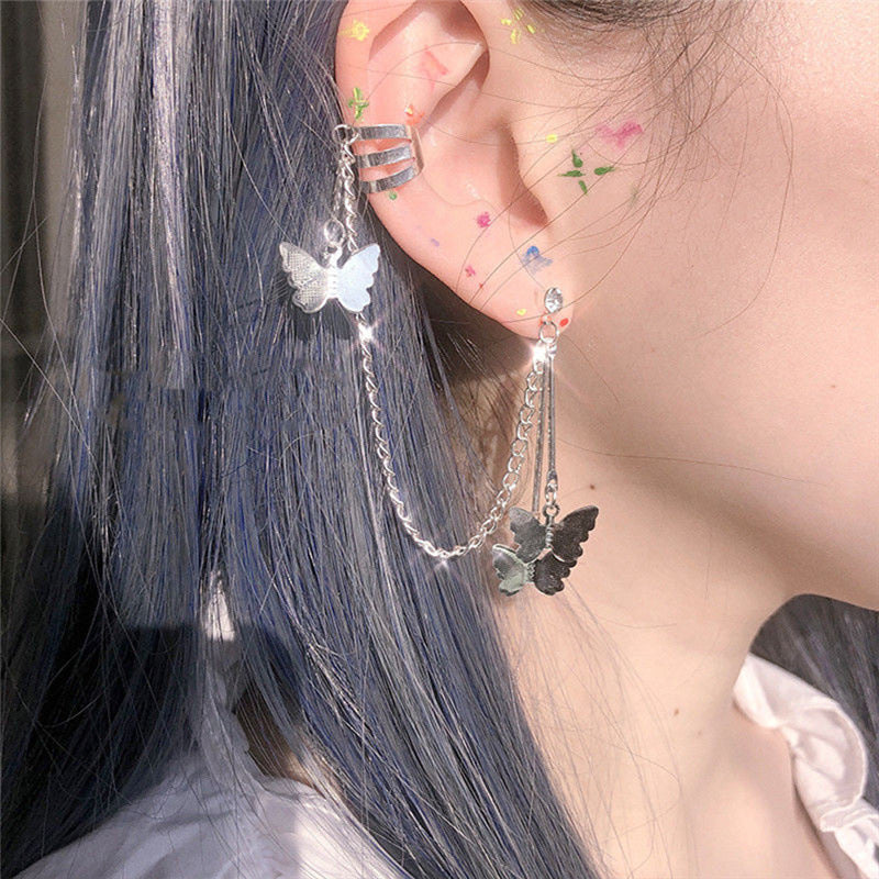 Women's Cool Style Butterfly Ear Clip Fairy Temperamental Long Chain Earrings