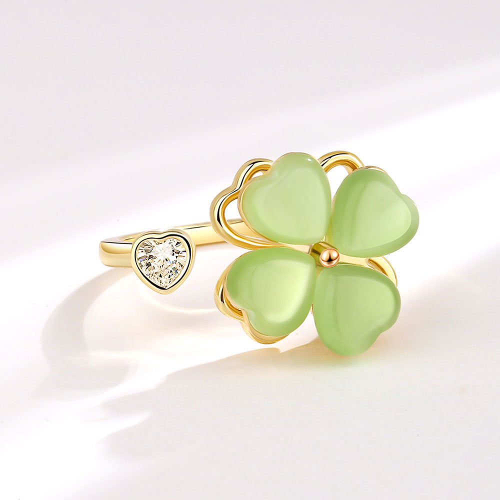 Imitation Jade Green Fresh Rotatable Four-leaf Flower Clover Rings