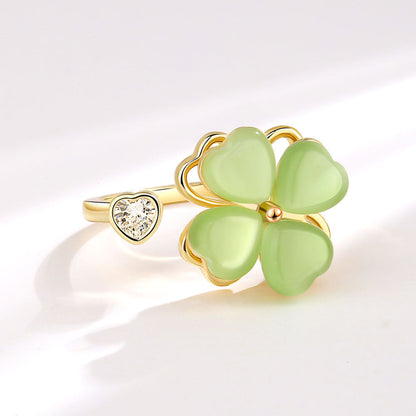 Imitation Jade Green Fresh Rotatable Four-leaf Flower Clover Rings