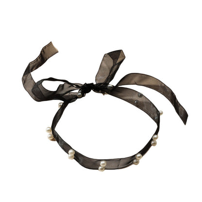 Women's Sweet Lady Black Mesh Ribbon Pearl Necklaces