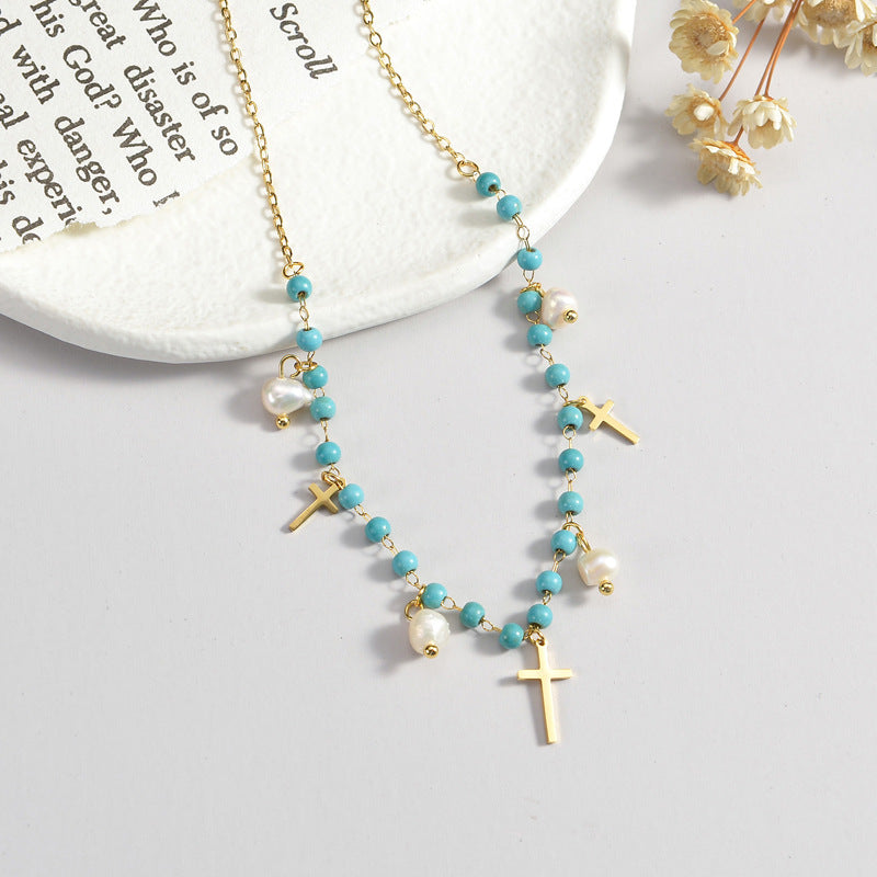 Style Retro Titanium Steel Gold Cross Freshwater Pearl Necklaces