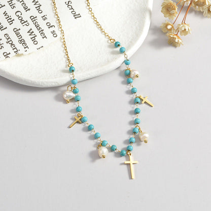 Style Retro Titanium Steel Gold Cross Freshwater Pearl Necklaces