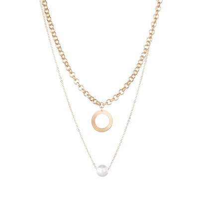 Women's Personality Geometry Hoop And Pearl Pendant Stacked Necklaces