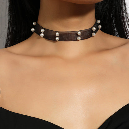 Women's Sweet Lady Black Mesh Ribbon Pearl Necklaces