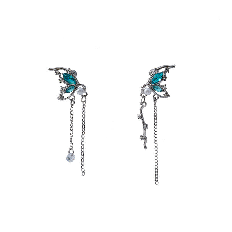 Style Butterfly Pearl Asymmetric Design Long Tassel Earrings