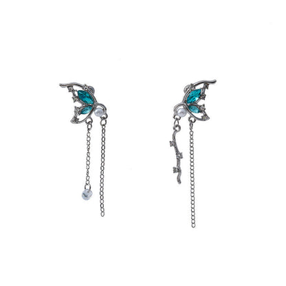 Style Butterfly Pearl Asymmetric Design Long Tassel Earrings