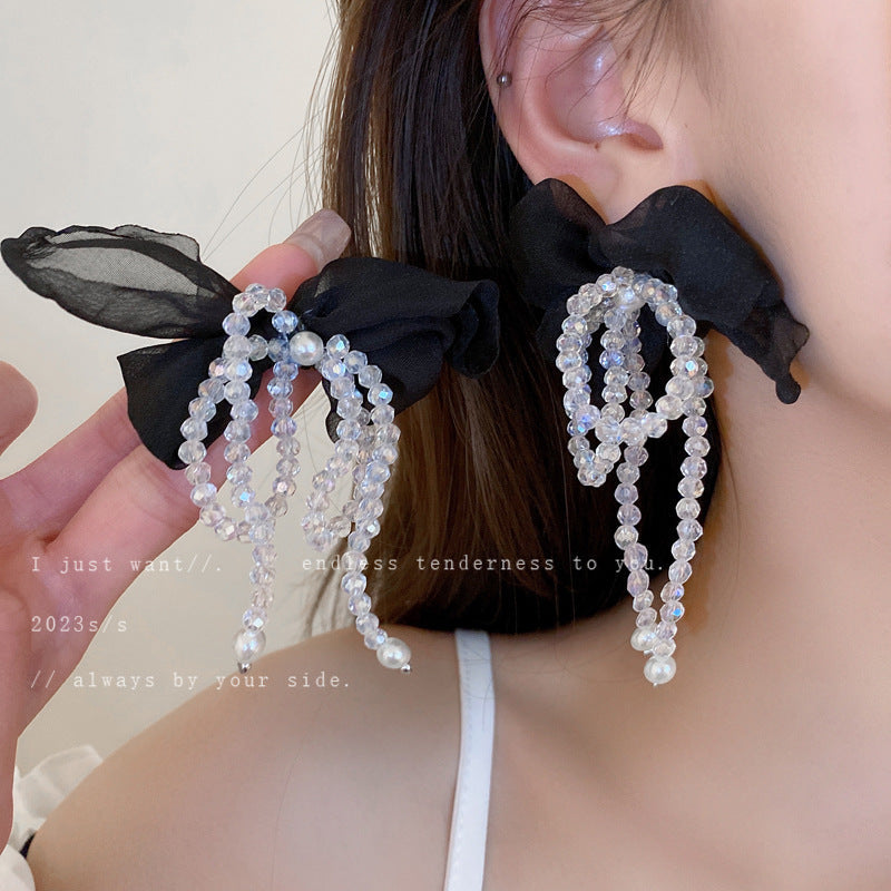 Fairy Tulle Bow Pearl Crystal Tassel Rings