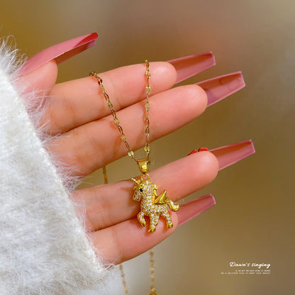 Women's Titanium Steel Fashion Small Clavicle Gold Diamond Unicorn Necklaces