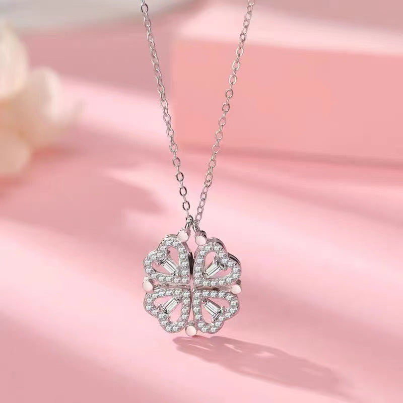 Print Open And Close Folding Four-leaf Clover Heart Necklaces