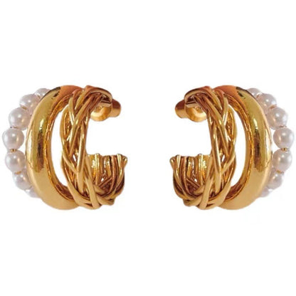 French Pearl Trendy Weave Vintage Metal Circle Earrings