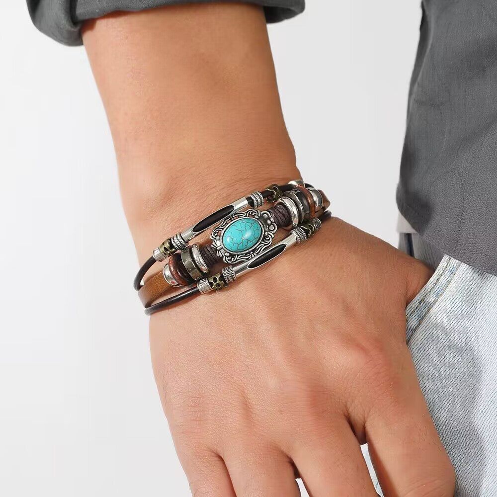 Men's Beaded Leather Bohemia Style Turquoise Stainless Bracelets